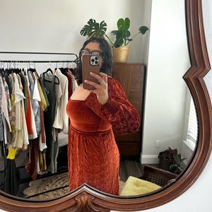 ASOS DESIGN Tall velvet broderie shirred midi dress in rust size 4/ S